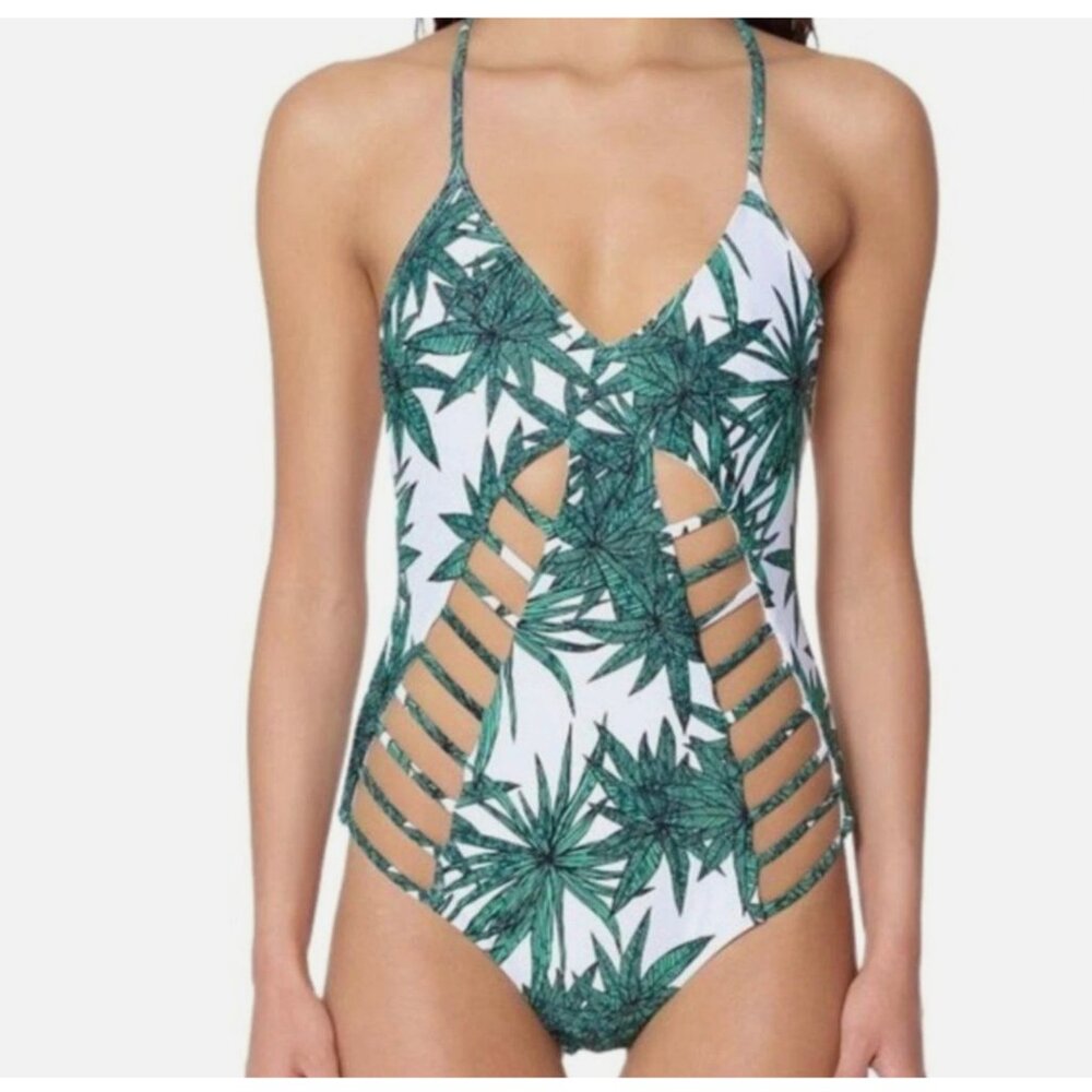 Mara Hoffman Green Palm Ladder-Cut One-Piece Swimsuit